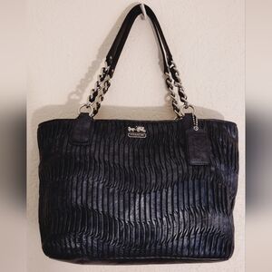 Coach Madison Metallic Black Gathered Pleated Leather Shoulder Tote Bag #20522